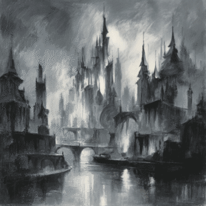 Ethereal Horizons: Monochrome Futuristic Cityscape in Romantic Charcoal