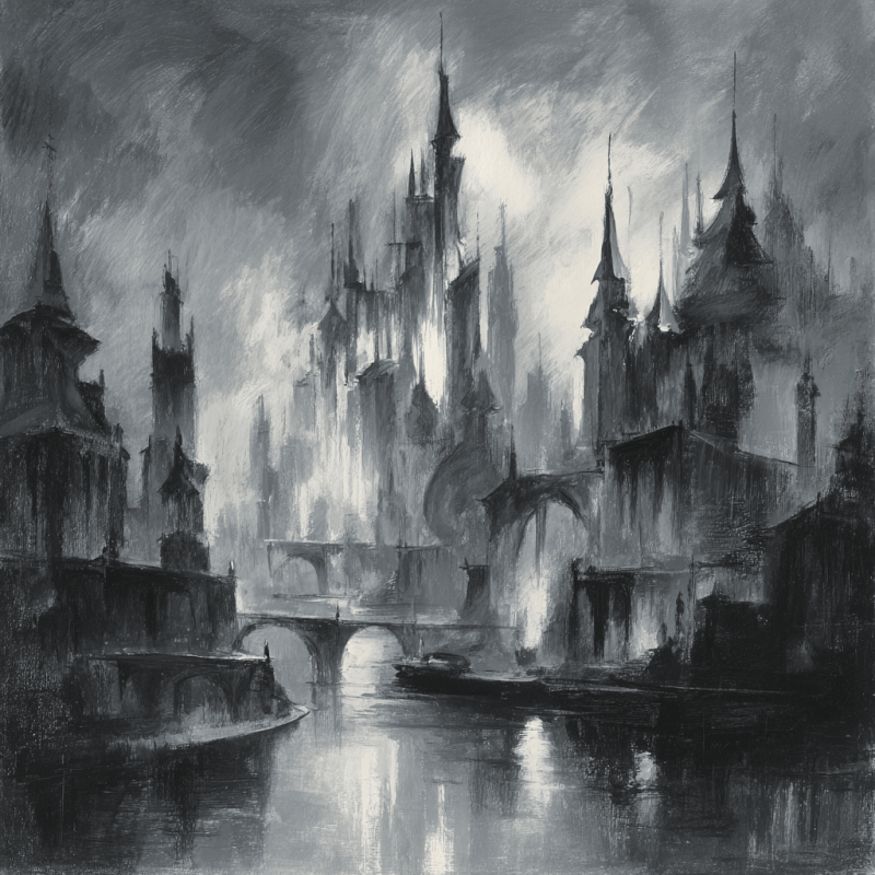 Ethereal Horizons: Monochrome Futuristic Cityscape in Romantic Charcoal