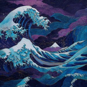 Modern expressionist artwork inspired by The Great Wave off Kanagawa, featuring dynamic blue waves under a swirling purple sky.
