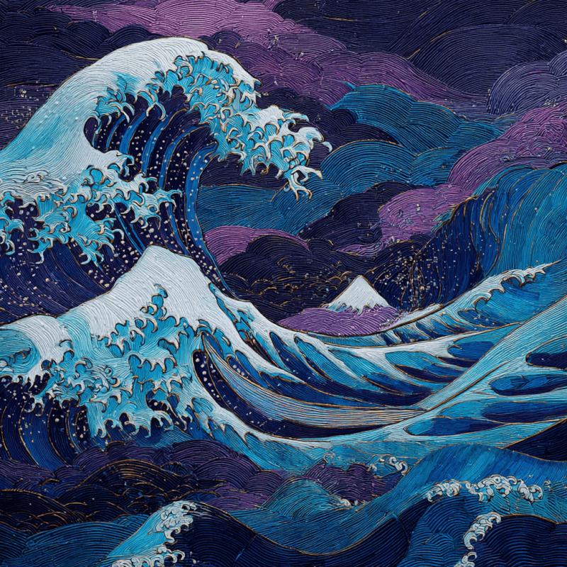 Modern expressionist artwork inspired by The Great Wave off Kanagawa, featuring dynamic blue waves under a swirling purple sky.