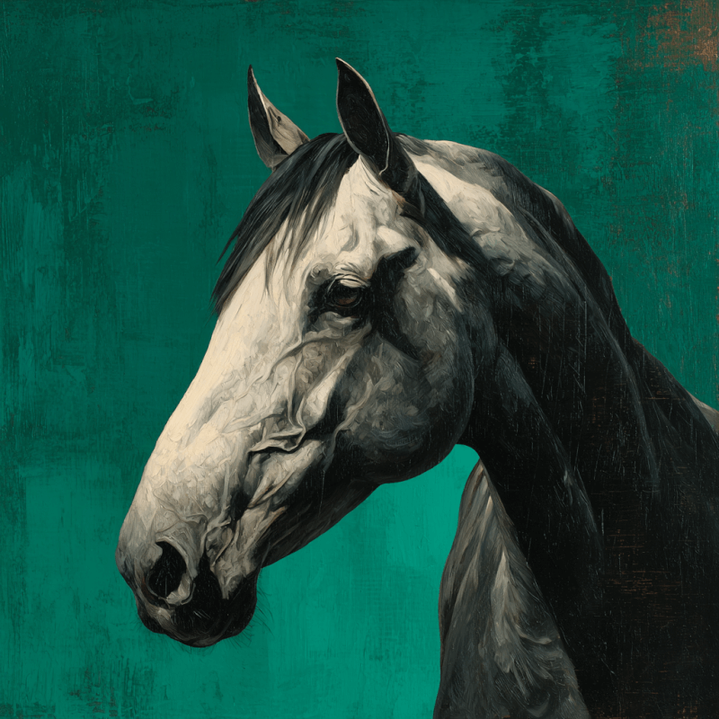 Realistic oil painting of a horse with a white and black coat against a green textured background, showcasing a thoughtful expression.