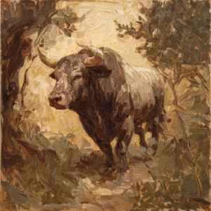 Oil painting of a bull in a natural setting, featuring earthy tones and dynamic brush strokes.