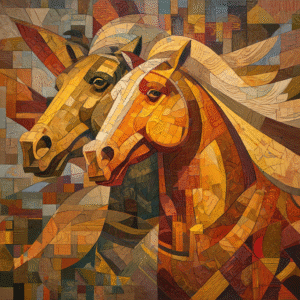 Cubist style artwork of two horses with expressive geometric patterns in vibrant shades of orange, brown, and blue.