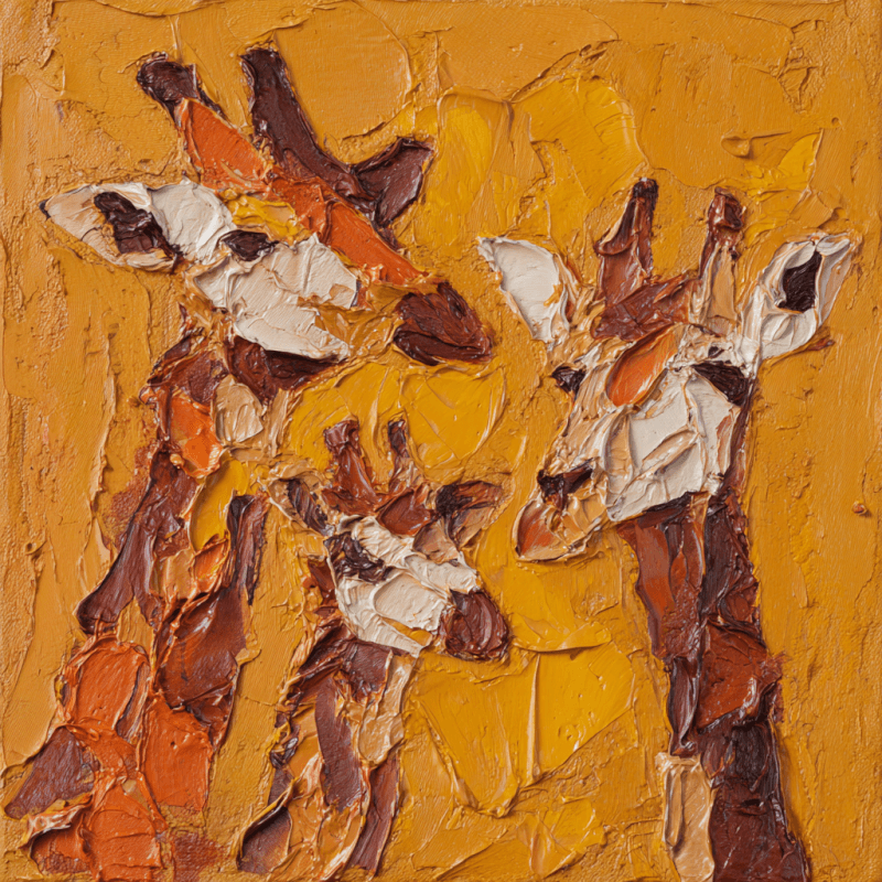 Abstract wildlife painting of three giraffes using impasto technique with thick, textured strokes in yellow, orange, and brown hues.