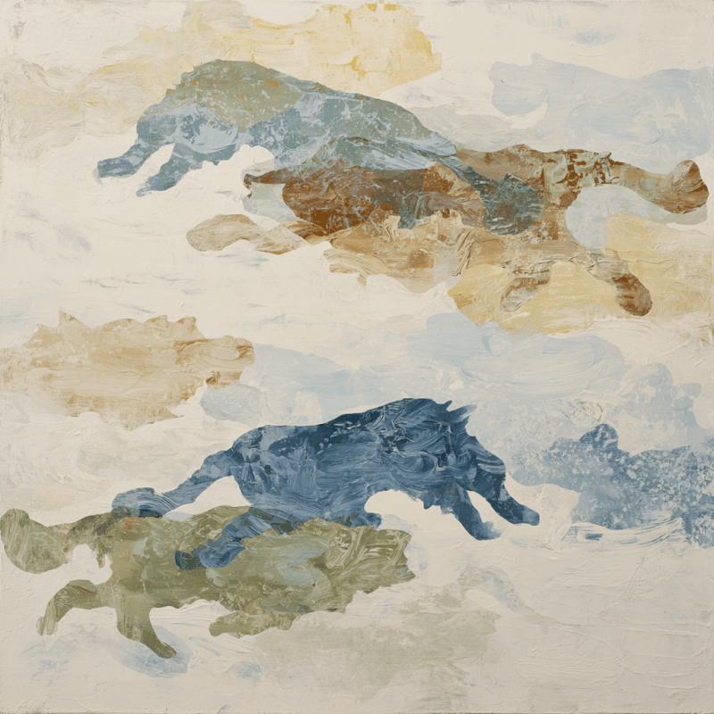 Abstract painting with horse silhouettes in earthy tones and layered textures, conveying a sense of movement and fluidity.