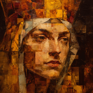 Figurative oil painting depicting a close-up portrait of a person using geometric patches and warm earth tones, creating an emotive and textured effect.