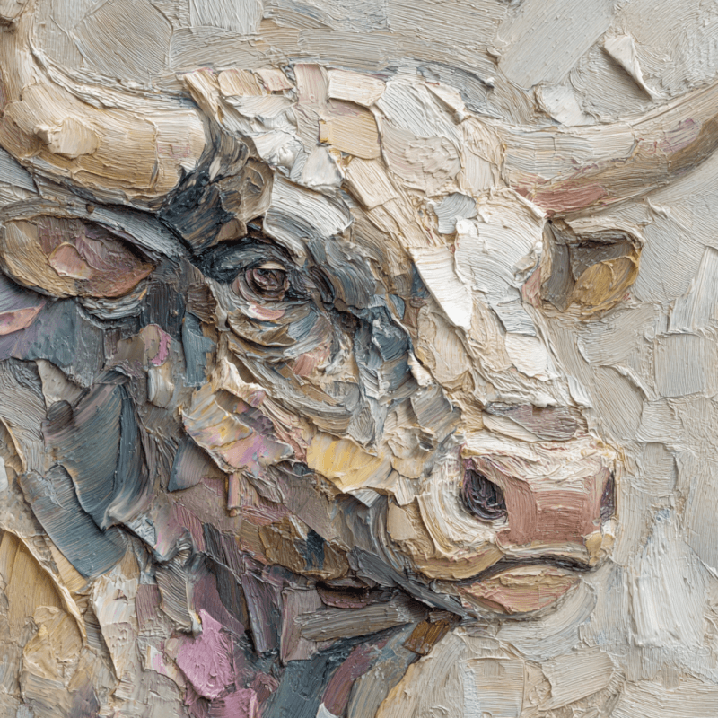 Textured impasto painting of a bull head using vibrant earth tones with thick oil paint strokes.