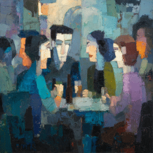 Expressionist painting depicting a group of people in conversation at a cafe, using impasto technique with vibrant blue and warm tones.