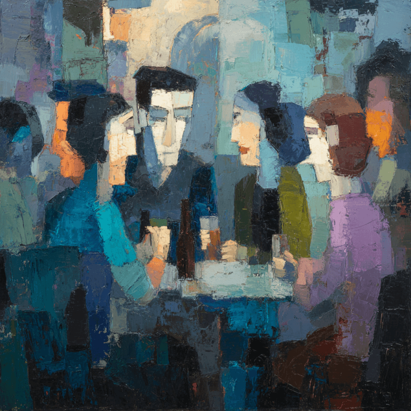 Expressionist painting depicting a group of people in conversation at a cafe, using impasto technique with vibrant blue and warm tones.
