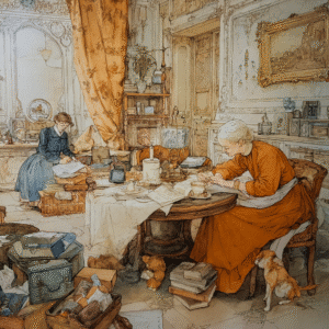 A detailed 19th-century style illustration of two women in an ornate room, surrounded by books, papers, and a small dog, capturing a peaceful domestic scene.