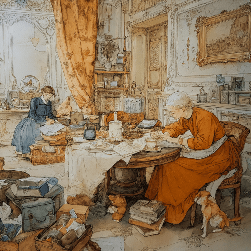 A detailed 19th-century style illustration of two women in an ornate room, surrounded by books, papers, and a small dog, capturing a peaceful domestic scene.