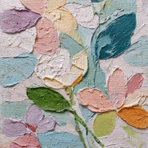 Abstract artwork with impasto texture featuring floral shapes in pastel earth tones.