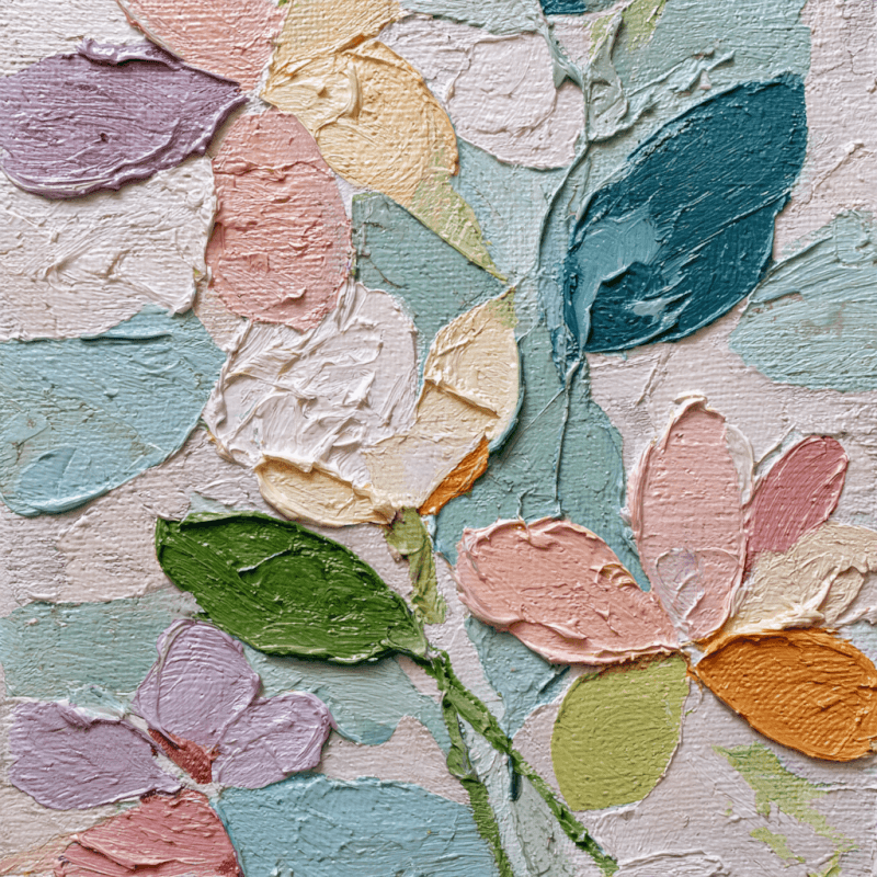 Abstract artwork with impasto texture featuring floral shapes in pastel earth tones.