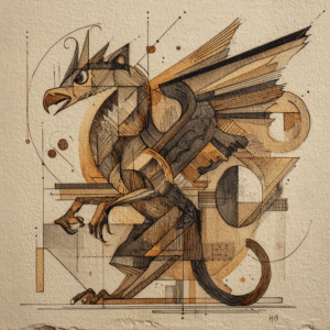 Cubist artwork depicting a griffin with geometric shapes in sepia tones, combining fantasy and art deco elements.