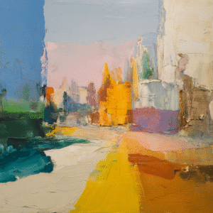 Abstract landscape painting with vibrant impasto textures, featuring bold colors like blue, yellow, and orange.