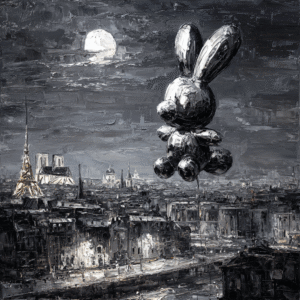 Surreal artwork depicting a large metallic reflective balloon shaped like a rabbit floating over a monochrome cityscape at night.
