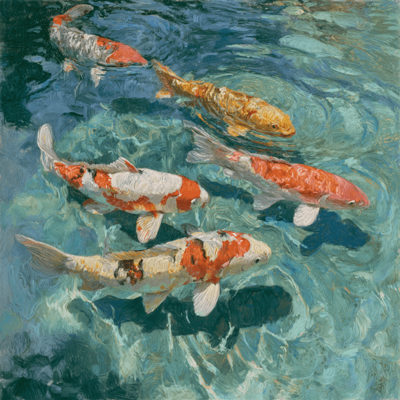 Realistic painting of koi fish swimming in clear water with reflections and colorful patterns