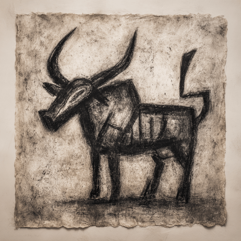 Charcoal drawing of a bull in a cubist style with bold, abstract geometric shapes and a monochrome palette.
