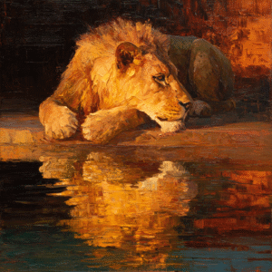 Oil painting of a lion resting by water, with a vibrant reflection in warm yellow and orange tones