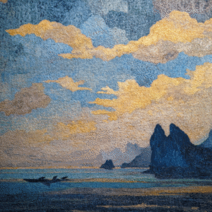 A vibrant post-impressionist acrylic seascape featuring blue and gold clouds over a calm sea with distant cliffs.