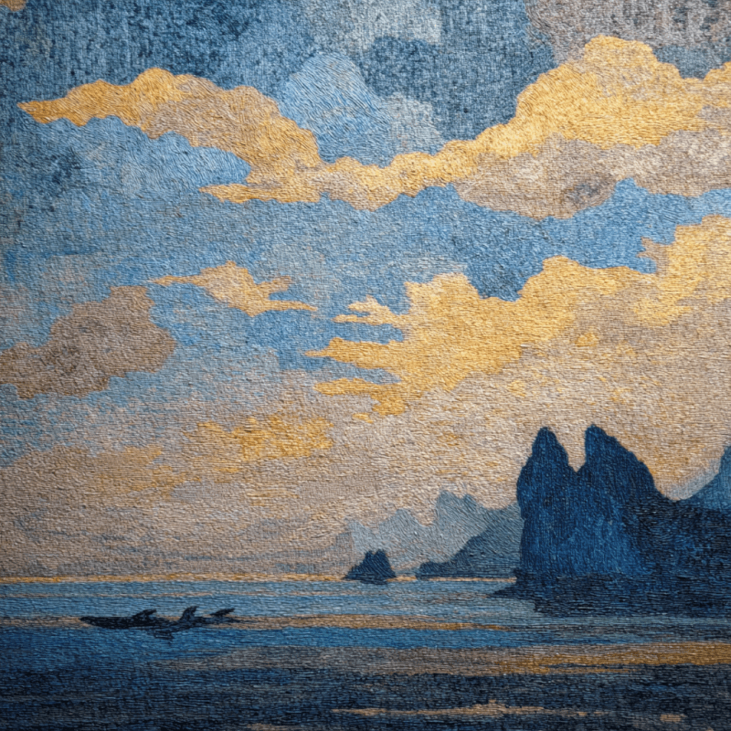 A vibrant post-impressionist acrylic seascape featuring blue and gold clouds over a calm sea with distant cliffs.