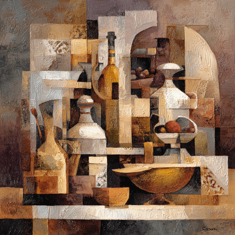 Cubist still life artwork featuring geometric shapes with bottles and bowls in earth tones.