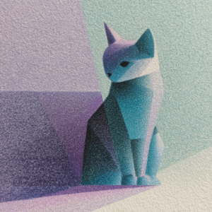 Abstract geometric painting of a cat in blue and purple tones with a textured background