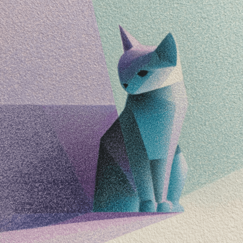 Abstract geometric painting of a cat in blue and purple tones with a textured background