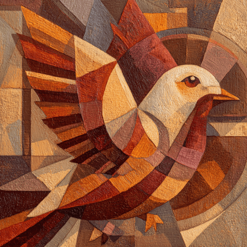 Cubist artwork depicting a bird with geometric shapes in warm red, orange, and brown tones.