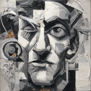 Cubist portrait in monochrome with impasto technique, featuring abstract geometric shapes with intense expression.