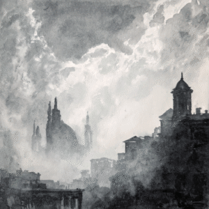 Monochrome watercolor depicting a dramatic cityscape with historic buildings silhouetted against a cloudy sky