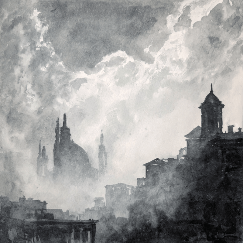 Monochrome watercolor depicting a dramatic cityscape with historic buildings silhouetted against a cloudy sky