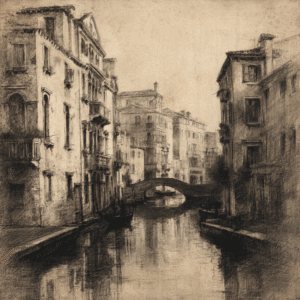 Sepia-toned charcoal drawing of a canal with reflections, surrounded by vintage Mediterranean architecture.