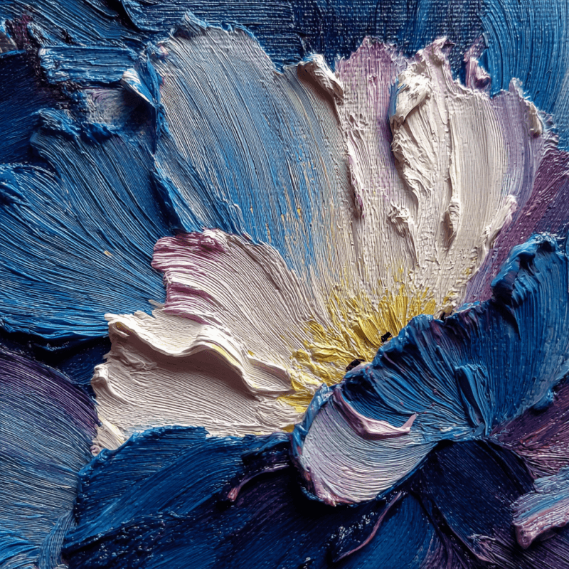 Close-up of an impasto oil painting featuring a vibrant blue and pink flower with textured brushstrokes.
