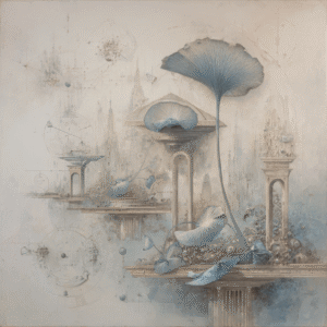 Dreamlike abstract artwork featuring architectural elements and large blue leaves in a soft pastel color palette.