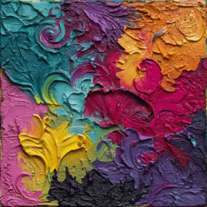 Abstract impasto artwork with vibrant swirling patterns in red, yellow, blue, and purple tones creating a textured and dynamic composition.