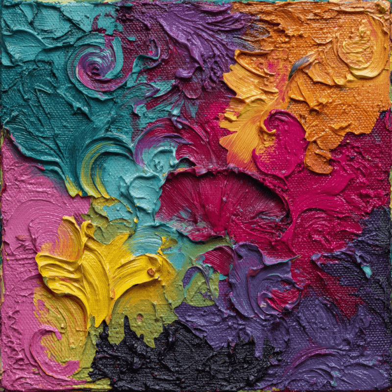 Abstract impasto artwork with vibrant swirling patterns in red, yellow, blue, and purple tones creating a textured and dynamic composition.