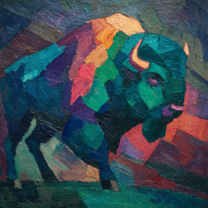 Colorful abstract expressionist painting of a buffalo composed of geometric shapes in vibrant blues, greens, and reds.