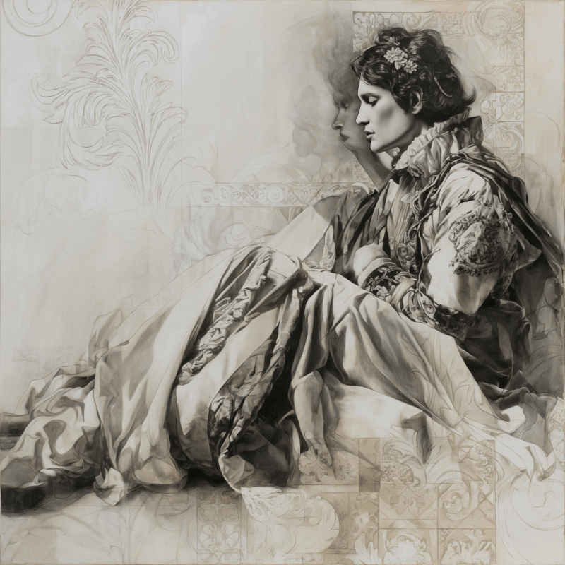 Intricate monochrome artwork depicting an elegantly dressed person seated with a reflective expression, surrounded by ornate patterns and drapery.