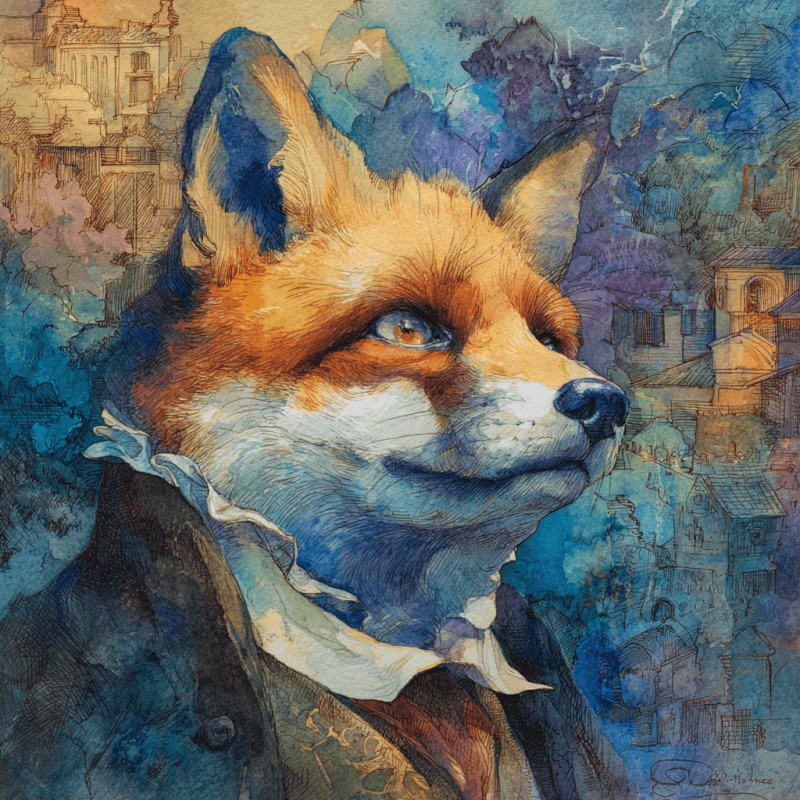 Watercolor painting of an anthropomorphic fox wearing a historical outfit with a detailed background in vibrant blues and oranges.