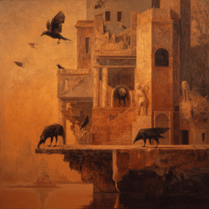 Surreal artwork of ancient architectural ruins with crows perched and flying, in warm orange tones, creating a mysterious atmosphere.