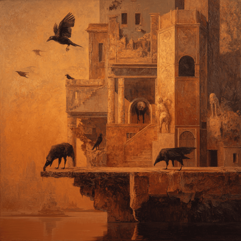 Surreal artwork of ancient architectural ruins with crows perched and flying, in warm orange tones, creating a mysterious atmosphere.