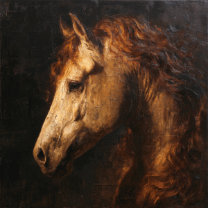 Realistic oil painting of a horse's head with a mane, depicted in earthy tones, with detailed textures.