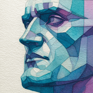 Cubist artwork of a man's face in blue and purple geometric shapes.