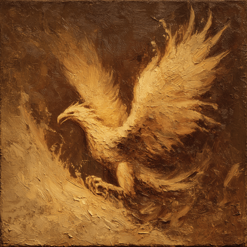 Expressive impasto oil painting of an eagle with outstretched wings in warm earth tones.