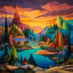 Abstract landscape artwork featuring vibrant geometric shapes in various colors depicting mountains, trees, and a river under a vivid sunset sky.