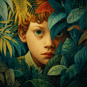 Portrait of a child with curly hair peeking through dense green foliage, displaying a thoughtful and serene expression with vibrant leaves surrounding.
