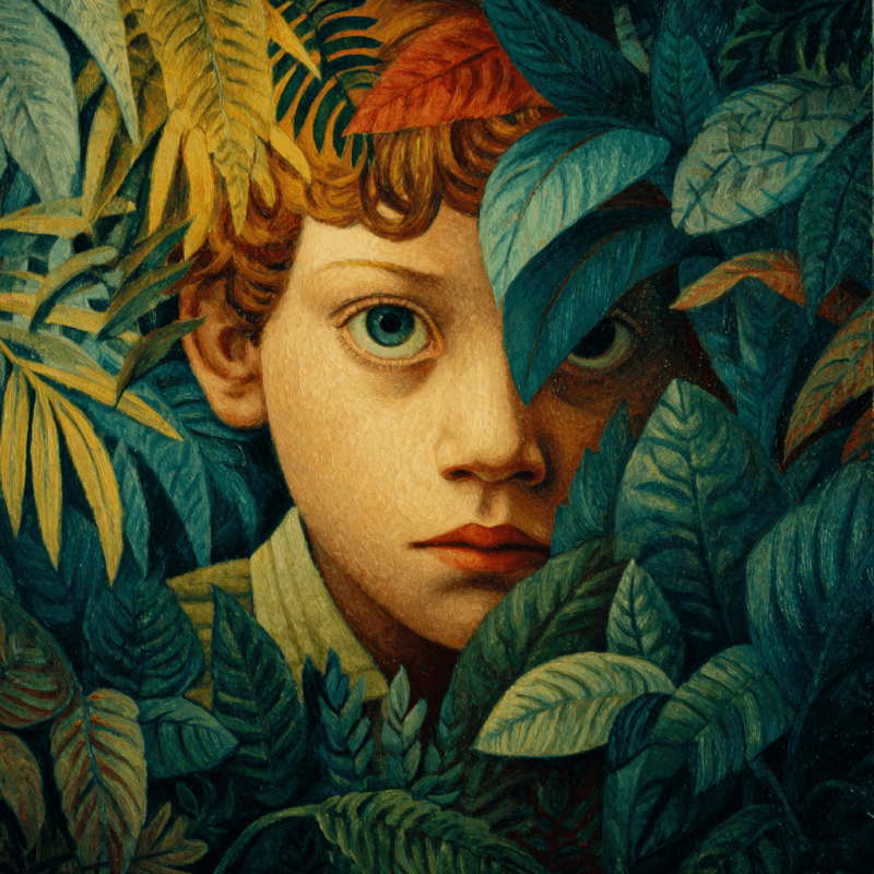 Portrait of a child with curly hair peeking through dense green foliage, displaying a thoughtful and serene expression with vibrant leaves surrounding.