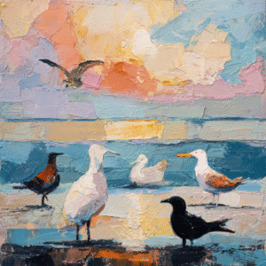 Impasto oil painting of a seascape with birds, featuring vibrant shades of blue, orange, and pink creating a textured and colorful sunset scene.