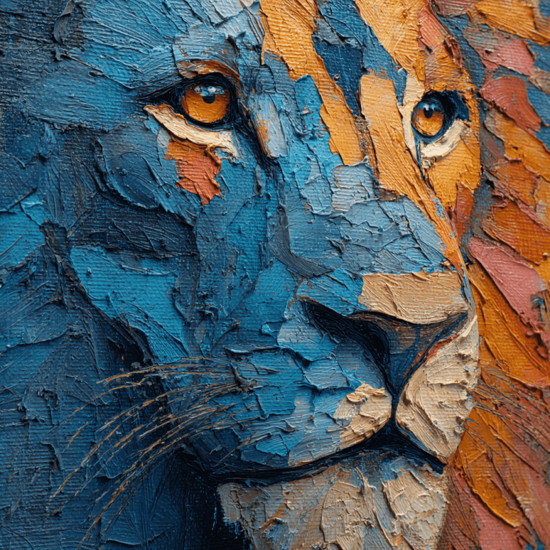Expressionistic oil painting of a lion using impasto technique with vibrant blue and orange tones.